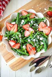 A Summer Strawberry Green Bean Salad That Infuses Strawberries Green Beans Mint Feta Topped With A Hom Healthy Salad Recipes Bean Salad Green Bean Salads