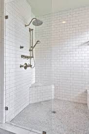 Corner Shower Bench Transitional Bathroom Avenue B Corner Shower Shower Tile White Subway Tile Shower