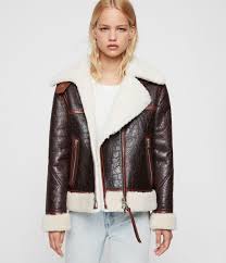 Allsaints Us Womens Elder Shearling Biker Jacket Chocolate Mahogany Leather Jackets Women Shearling Fur Leather Jacket