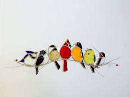 Birds On A Wire Stained Glass The Familiar Backyard Visitors Unite As A Gang Of Birds On A Wire Branch With Red Glass Berries Th Stained Glass Birds Stained Glass Crafts Stained Glass Diy