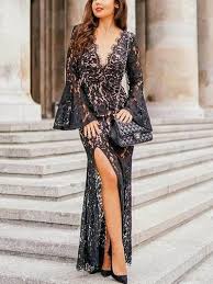 Women Secy Black Lace Backless Long Sleeve Evening Dresses Elegant Maxi Dress Lace Maxi Dress Evening Dresses With Sleeves
