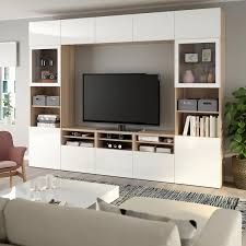 Besta White Stained Oak Effect Selsviken High Gloss White Clear Glass Tv Storage In 2020 Tv Storage Tv Storage Unit Living Room Tv