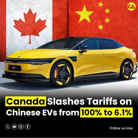 Canada has announced a major reversal in its trade policy by slashing tariffs on Chinese electric vehicles from 100 percent to just 6.1 percent, allowing up to 49,000 Chinese-made EVs to enter