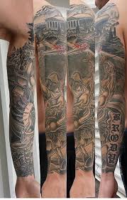 Black And Grey Tattoo Artists Edmonton Theseus And Minotaur Battle Sleeve Black And Grey Shade Sleeve Tattoo Edmonton Tattoo Artist Tattoo Designs Tattoos Tattoo Designs Men
