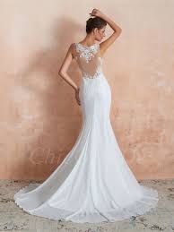 Wir bieten zarte meerjungfrau brautkleider in unserem shop. Meerjungfrau Brautkleid Lang Rucken Transparent Weiss Chiffon Spitze Mit Schleppe