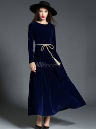 100% lana fodera delle tasche: Maxi Delle Donne Abito Manica Lunga Di Velluto Blu Profondo Sash Plissettato Abito Lungo Milanoo Com