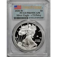 American silver eagle coins are famous for their beloved obverse and reverse imagery. 2020 W 1 Silver American Eagle Pcgs Pr 69 Dcam Privy Mark V75 Ww11 First Strike