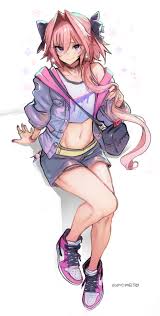 belly, thighs, alternate hairstyle, touching hair, bangs, belly button,  looking at viewer, pink hair, white hair, long hair, smiling, Meme50, solo,  FateGrand Order, FateApocrypha , Fate series, femboy, jean shorts, denim  jacket,