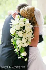 The stunning colors are a traditional element of a hawaii wedding! Green White Cascading Bouquet White Lilies White Stephanotis White Roses White Gypsophi Wedding Flowers Flower Bouquet Wedding Cascading Wedding Bouquets