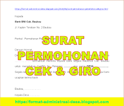 Contoh Surat Permohonan Penerbitan Buku Cek Dan Giro Format Administrasi Desa