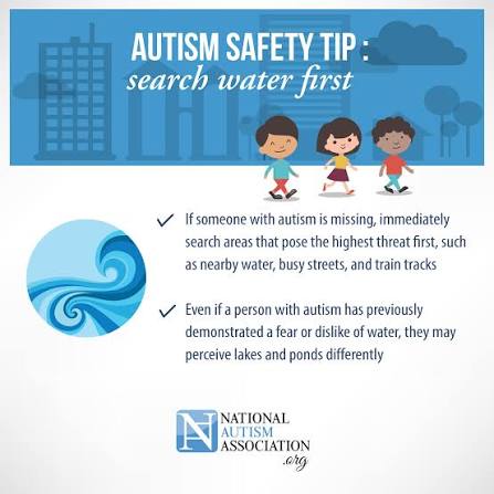 🚨 Important Autism Safety Reminder If an autistic child goes missing, check water first. Many autistic children who wander are naturally drawn to water — pools, ponds, lakes, and rivers. Searching nearby