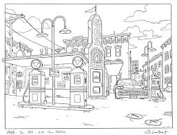 Art Deco Gas Station Part Of Making Arnold S World So Rich Was Remembering To Draw Details Like Those Underground Gas Tank Cove Art Artwork Background Drawing