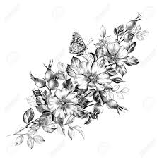 Black And White Vintage Style Flower Sleeve Tattoo Hand Drawn Butterfly Sitting On Bunch With Dog Rose Flowers And Berries Isolated On White Background Desenho De Tatuagem Rosa Tatuagem Floral Tatuagem Mulher