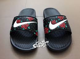 Black And Gold Nike Slides Womens Mens Custom Nike Benassi Flip Flop Sandals Mens Gold Custom Design Floral Roses Swoosh Slide Sandals By Nike Slippers Nike Flip Flops Womens Slippers Boots