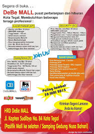 Lowongan kerja terbaru di tegal. Infotegal Lowongan Kerja Debe Mall Jl Kapten Sudibyo Ex Toko Buku Dunia Bahari Kasir Parkir Wanita Usia Max 24 Tahun Sma Smk Sederajat Tinggi Badan 155 Cm