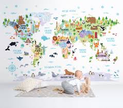 Nursery World Map Wall Decal Wallpaper Kids Room Animal World Map Peelnstick Mural Playroom Decor Map Wall Art Kids World Map Baby Boy Girl World Map Wall Decal Kids World Map