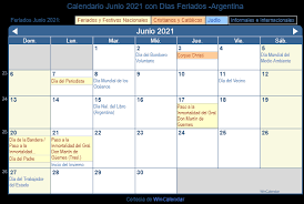 El calendario con todos los días no laborables, fines de semanas largos y días festivos. Calendario Junio 2021 Argentina