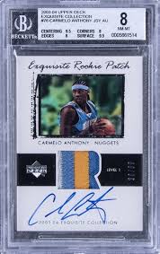 We did not find results for: Lot Detail 2003 04 Ud Exquisite Collection Rookie Patch 76 Carmelo Anthony Signed Patch Rookie Card 38 99 Bgs Nm Mt 8 Bgs 10