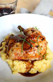 Roast Chicken With Red Wine Demi Glace And Polenta Epicure S Table Recipe Recipes Gourmet Dinner Cooking Recipes