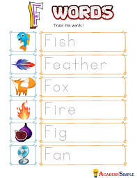 One of the simplest ways to approach the subject is to walk through the alphabet to introduce new words and concepts. Alphabet Worksheet Tracing Words Letter F Academy Simple