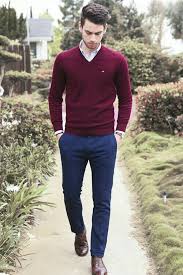 Navy is the most formal of the blues and can often replace black except for in the most formal of situations. Dark Red Top And Dark Blue Trousers Brown Shoes