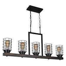 Beuhouz Farmhouse Kitchen Island Lighting Metal And Wood Pool Table Light Rustic Cage Linear Chandelier 5 Lights Edison Kitchen Island Lighting Light Table Linear Chandelier