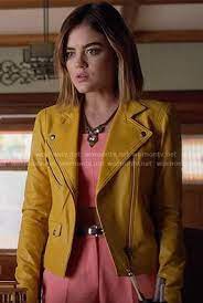 Aria S Yellow Leather Jacket On Pretty Little Liars Pretty Little Liars Outfits Pretty Little Liars Fashion Fashion Tv