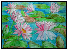 Watercolor Water Lilies Painting Happy Family Art Draw the stem of the water lily.