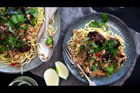 Chicken And Mushroom Larb On Noodles Nz Herald Recipe Easy Chicken Recipes Stuffed Mushrooms Chicken Recipes