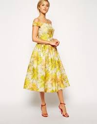 Colorful satin dress is a gorgeous formal dress that keeps you cool and comfortable all day. Asos Asos Sunflower Bardot Midi Prom Dress At Asos Midi Prom Dress Prom Dresses Dresses