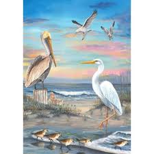 About The Design A Pelican Stork And Sea Gulls Gather At The Shore In The Shore Gathering About The Flag Custom Decor Print Beach Art Pelican Art Coastal Art