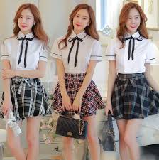 Black White And Navy Blue Outfits Korean Students Shirt Plaid Skirt Two Piece Outfit Fashion Skirt Outfits Plaid Skirts