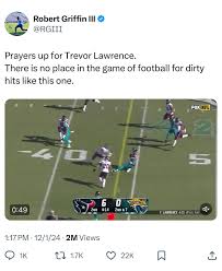 Prayers up for Trevor Lawrence. There is no place in the game of football  for dirty hits like this one. A minimum 3 game suspension should be given  for this hit. 🎥- @nfl