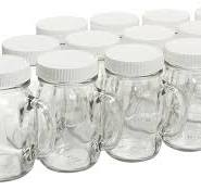 NMS Glass Pint Mug Handle Mason Drinking Jars - With White Plastic Lids -  Case of 12