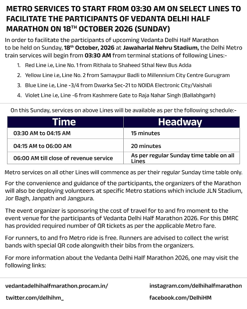 METRO SERVICES TO START FROM 03:30 AM ON SELECT LINES TO FACILITATE THE  PARTICIPANTS OF VEDANTA DELHI HALF MARATHON ON 18TH OCTOBER 2026 (SUNDAY) Vedanta  Delhi Half Marathon #DelhiMetro