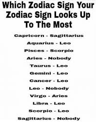 Relationships start in the 1st it will look different, however, than if she does not like you. Which Zodiac Sign Your Zodiac Sign Looks Up To The Most Capricorn Sagittarius Aquarius Leo Pisces Scorpic Aries Nobody Taurus Leo Geminileo Cancer Le Leo Nobody Virgo Aries Libra Leo Scorpio Leo Sagittarius