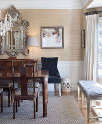 Chic Elegant Dining Room With Sand Grasscloth Covered Walls Chair Rail And Wainscoted Walls Grasscloth Dining Room Elegant Dining Room Dining Room Wallpaper