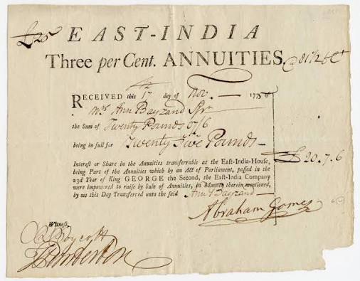 Lot - British East India Company Stock Purchased by Female Investor in 1775