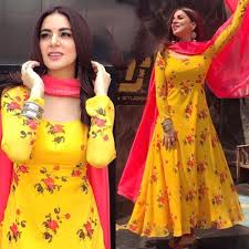 Bollywood designer party wear long anarkali gown lehenga indian pakistani saree. Yellow Floral Printed Anarkali Suit Kurti Designs Party Wear Indian Gowns Dresses Designer Anarkali Dresses