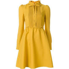 Valentino Flared Bib Dress Found On Polyvore Featuring Dresses Flared Skirt Dress Skat Yellow Long Sleeve Dress Short Yellow Dress Long Sleeve Collared Dress