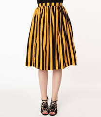 Black And Yellow Striped Skirt Orange Black Stripe Gathered Swing Skirt In 2020 Swing Skirt Skirt Fashion Black Stripes