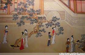 明 仇英 汉宫春晓图 仇英擅人物画 尤工仕女 重视对历史题材的刻画和描绘 吸收南宋马和之及元人技法 笔力刚健 特擅临摹 粉图黄纸 落笔乱真 至于发翠豪金 综丹缕素 精丽绝逸 无愧古人 尤善于用粗细不同的笔法表现不同的对象 或圆转流畅 或顿挫 劲利 既长