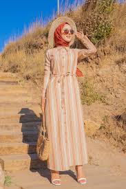 Robe mi longue été 2019. Robe Chemise Longue D Ete A Rayures Vetement D Ete Pour Femme Voilee Couleur Beige Rouille Et Blanc Pret A Porter Et Accessoires