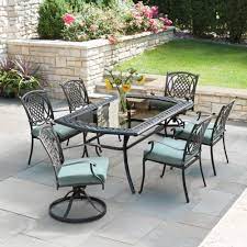 Hampton Bay Belcourt 7 Piece Metal Outdoor Patio Dining Set With Spa Cushions Hamptonbay Patio Dining Furniture Outdoor Dining Set Hampton Bay Patio Furniture