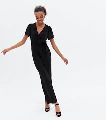 Black Ruffle Wide Leg Wrap Jumpsuit New Look