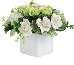 Get it as soon as wed, jul 21. Amazon Com Mygift Decorative Artificial Ivory Rose Floral Arrangement In Square White Ceramic Vase Home Kitchen