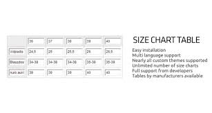 opencart sizes chart table