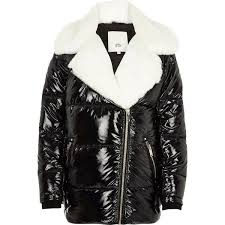 River Island Black High Shine Faux Fur Aviator Jacket 650 Pln Liked On Polyvore Featuring Outerwear Jac Fur Collar Jacket Shiny Jacket Long Sleeves Jacket