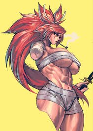 Rule 34 Dev - 1girls abs amputee arc_system_works baiken bandage  bandaged_arm breasts cleavage cropped_legs facial_markings guilty_gear  hi_res holding_object huge_breasts muscular muscular_female obliques  pink_hair pipe ponytail red_eyes red_hair ...