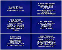 A quiz competition in which contestants are presented with general knowledge clues in the form of answers and must phrase their responses in the form of questions. Jeopardy Game Show Fonts In Use